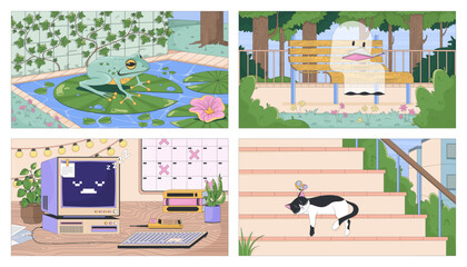 Peaceful and nostalgic lofi wallpapers set. Frog in pond, ghost reading, retro computer, cat napping 2D cartoon flat illustrations. Vector art images lo fi aesthetic color backgrounds collection