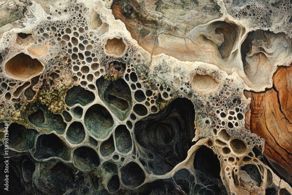 Poster intricate honeycomb-like rock formations, displaying a complex network of weathered cavities and tun