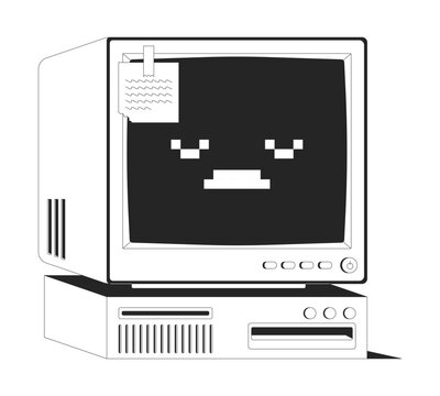 Retro computer with sad pixel face and sticky note 2D line object. Outdated tech. 90s aesthetic. Vintage oldschool desktop isolated clipart vector ink outline item. Monochrome spot illustration