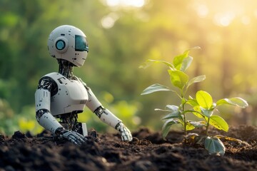 A robotic figure nurturing a young plant in a sunlit garden setting during the afternoon