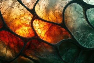 Intricate network of dark branches enclosing fiery and dark landscapes, creating a surreal and dreamlike scene.