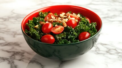 A vibrant salad bowl with kale, cherry tomatoes, nuts, seeds, and vinaigrette on a marble kitchen counter