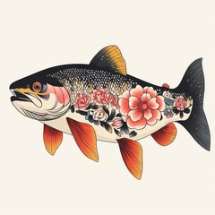 a rainbow trout with floral tattoos, art fusion style, decorative design, isolated on white background