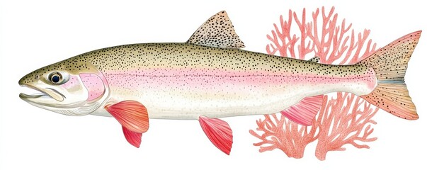 a rainbow trout with coral reef, marine life concept, detailed illustration, isolated on white background