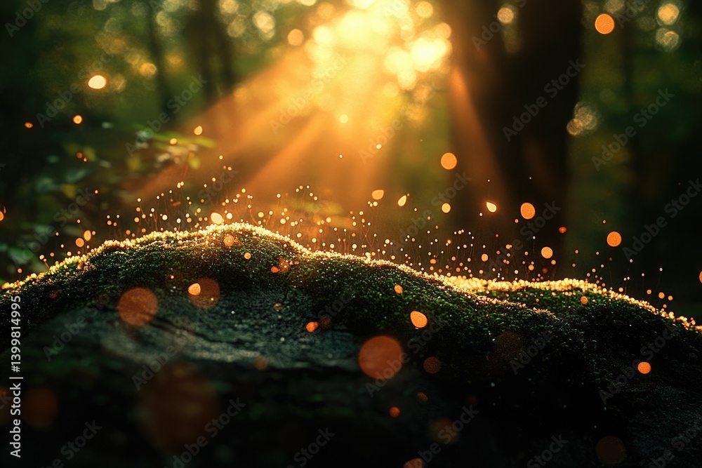 Poster sunlit forest scene with mossy rock, glowing particles creating a magical, ethereal atmosphere.