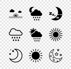 Set Sunset, Cloud with rain and moon, Moon icon, stars, and sun icon. Vector © vector_v