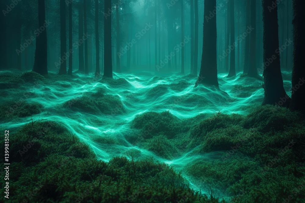 Poster enchanted forest at night, ethereal glow illuminating mossy ground, tall trees creating a mystical a