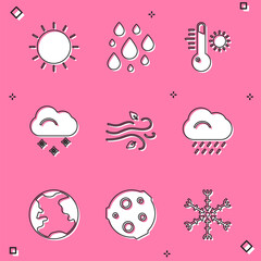 Set Sun, Water drop, Meteorology thermometer, Cloud with snow, Wind, rain, Earth globe and Moon icon. Vector