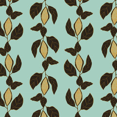 Pattern ornament with cocoa bean branches. For packaging, wrapping, label, wallpaper, on blue background. Vector illustration