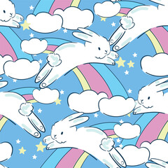 Seamless pattern Bunnys and rainbow background. Cute little rabbit background. Hand Drawn vector illustration textile design.
