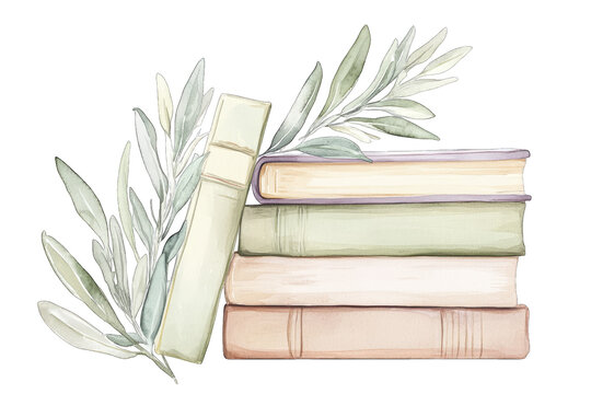 a watercolor illustration of stacked books adorned with green leaves conveying a sense of knowledge and tranquility