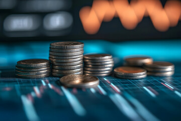 株価チャート上の硬貨の山。金融市場と資産形成を象徴するイメージ