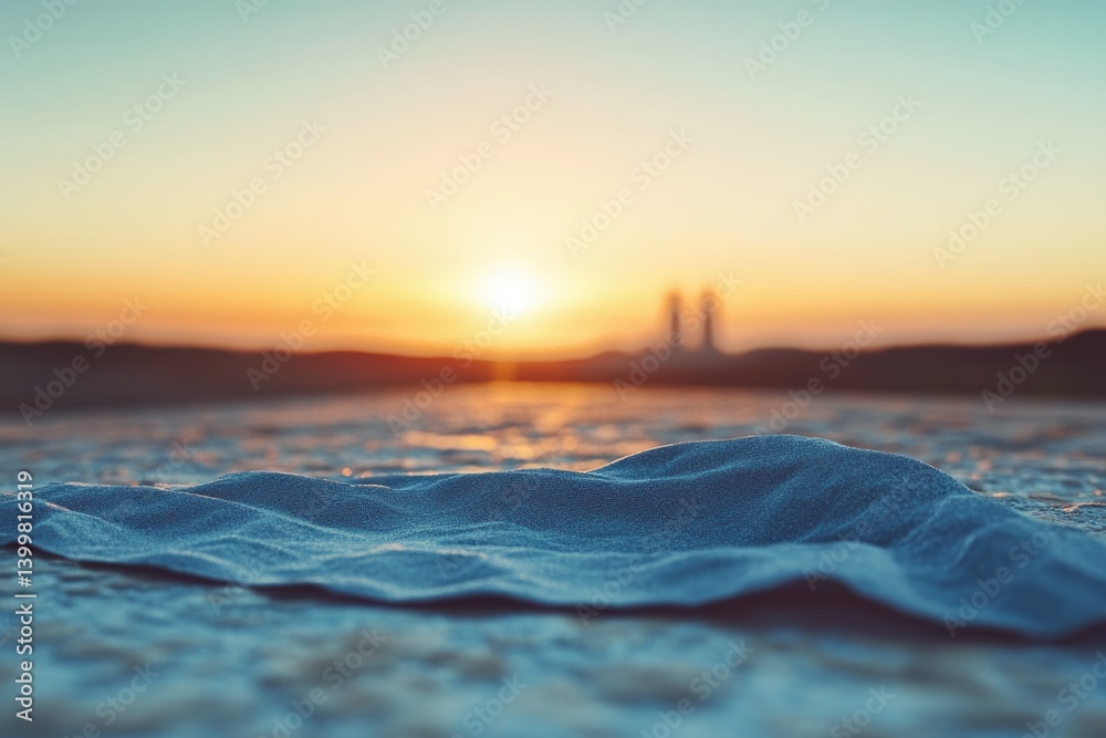 Poster a textured blue cloth rests on a surface, with a blurred sunset and distant industrial structures in