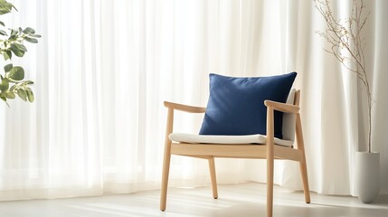 Serene wooden chair with navy blue cushion bathed in soft sunlight. AI Generated