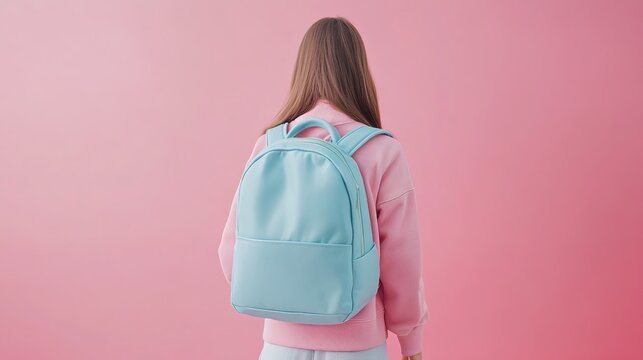 Back to school essentials light blue backpack for students fashion and style on pink background trendy look