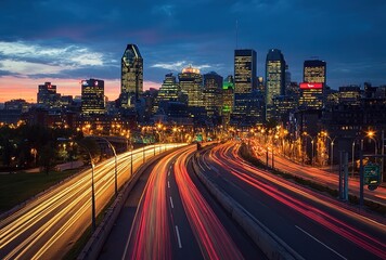 Fototapeta premium Wide-angle dusk cityscape with light trails from vehicles on a highway in the foreground, illuminated skyscrapers under a gradient sunset sky blending orange and indigo hues