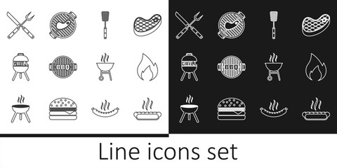 Set line Hotdog sandwich, Fire flame, Barbecue spatula, grill, Crossed fork knife, and with steak icon. Vector