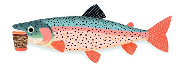 a rainbow trout drinking coffee, morning mood character, quirky vector, isolated on white background
