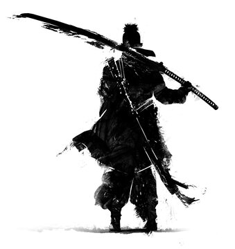 A young punk warrior with a long katana on his shoulder, he stands in an epic pose with his cape fluttering in the wind. Black silhouette view from the back. 2d art. Ink blots and splashes