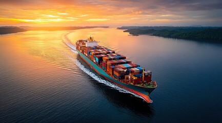 A large container ship sailing on open waters during golden-hour sunset, colorful containers contrasting against warm orange skies and calm waves