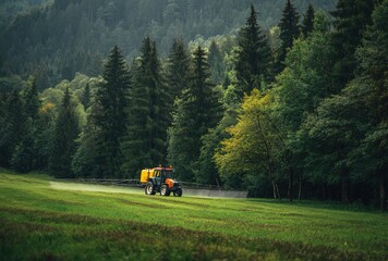A realistic scene of a green tractor spraying pesticides on a vast green field, surrounded by dense forests and mountains under soft natural lighting