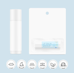Lip balm care mockup with hang blister packaging. Front view. Realistic vector illustration isolated on colour background. Can be use for your design, advertising, promo and etc. EPS10.