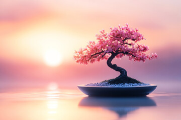 Bonsai tree with delicate pink flowers in a pot, illuminated by a soft pastel sunrise. Showa Day celebrations.