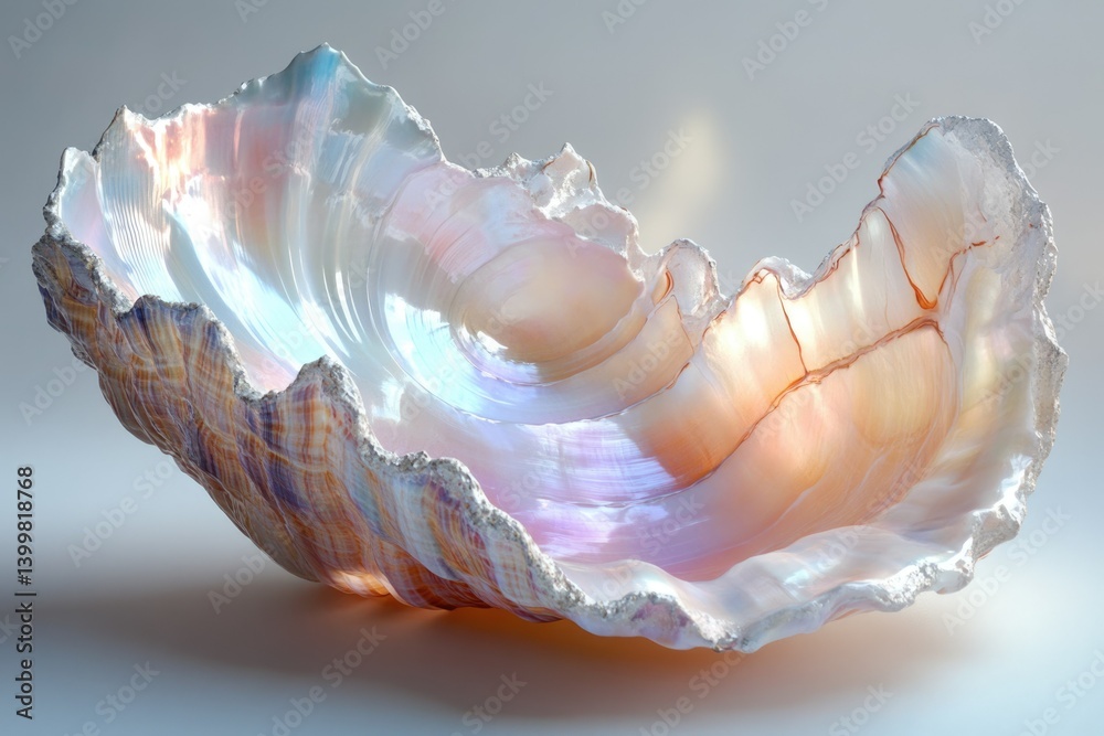 Poster a large, iridescent seashell, seemingly crafted from glass, displays intricate details and a captiva