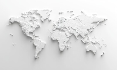 World map, 3D relief, white background
