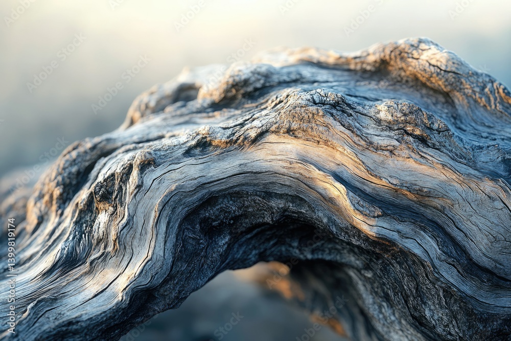 Poster Close-up of weathered driftwood, showcasing intricate grain patterns and textures illuminated by sunlight.