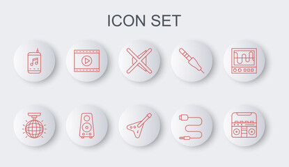 Set line Home stereo with speakers, Disco ball, Speaker mute, Audio jack, Music player, Online video, Stereo and Electric bass guitar icon. Vector