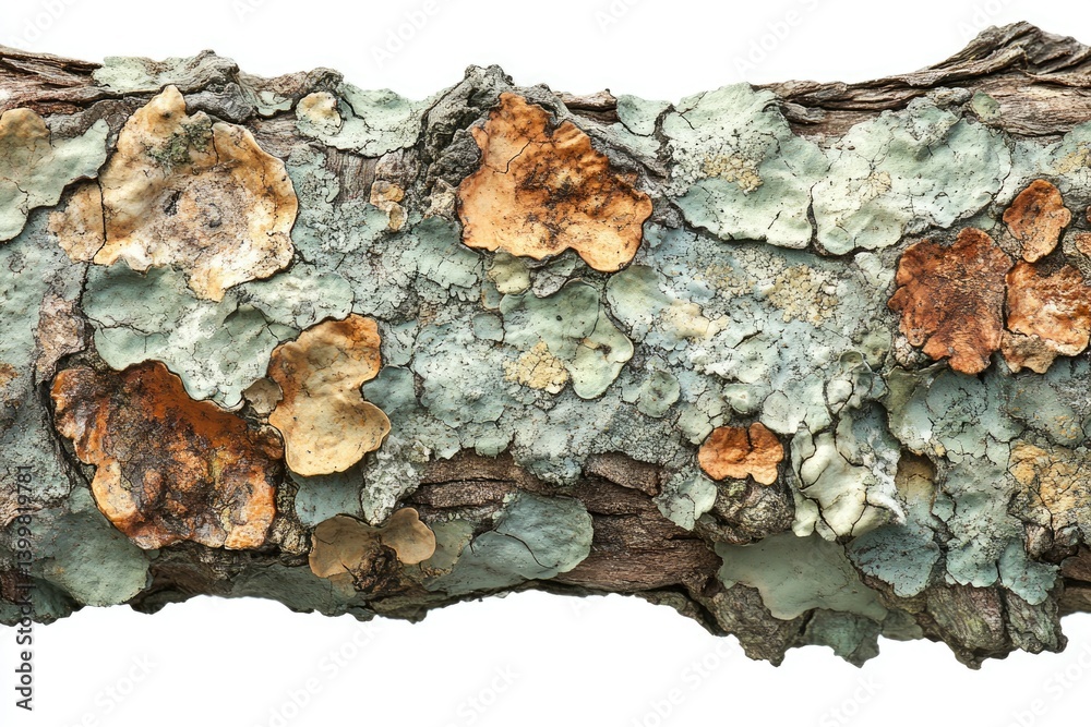 Poster close-up of colorful lichen patterns on weathered tree bark, showcasing nature's artistry.