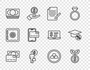 Set line Credit card, Dollar plant, Document and pen, Business man planning mind, Stacks paper money cash, Mobile banking, Gold bars and Graduation cap coin icon. Vector