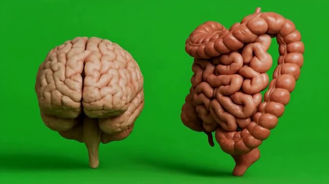 the brain-gut axis by showing a realistic 3D model of the human brain and digestive system side by side against a green screen (chroma key), symbolizing their bidirectional connection.