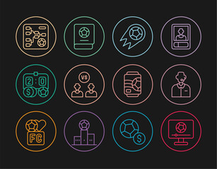 Set line Football match on TV, or soccer commentator, Soccer football, player, betting money, Championship tournament bracket, Beer can and learning book icon. Vector