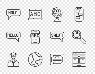 Set line Graduate and graduation cap, Online translator, Earth globe, Hola different languages, Foreign online study, Certificate template and Magnifying glass icon. Vector © vector_v