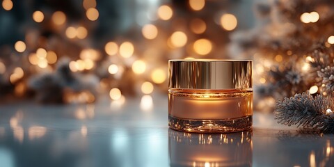 Elegant Cosmetic Jar on White Surface with Gold Accents and Soft Background Lights