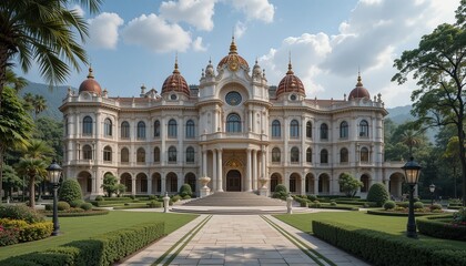 Fototapeta premium Grand mansion surrounded by lush greenery under a bright sky, featuring a classical architectural style with elaborate details and meticulous landscaping.