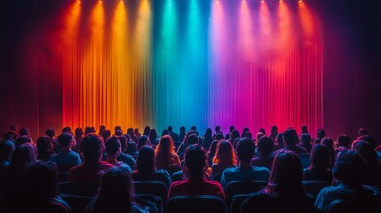 A large crowd of people are sitting in a theater, watching a show