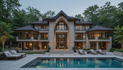 Fototapeta premium Luxurious home featuring a swimming pool with lounge chairs at dusk, surrounded by lush greenery. Architectural design with ornate details.