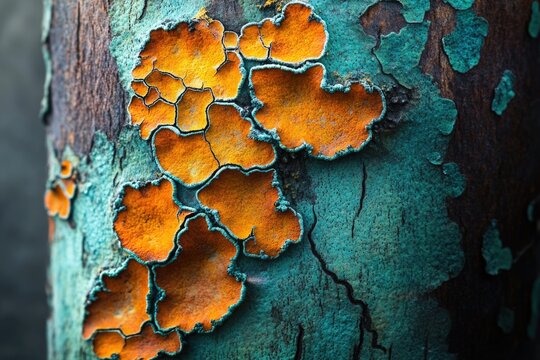 Vibrant orange and teal lichen patterns on a tree bark, showcasing nature's intricate artistry.