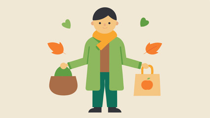 Seasonal Shopping A shopper in seasonal attire with reusable bags showcasing autumn leaves and pumpkins with a light recycling theme in the background.