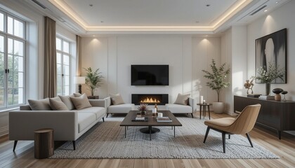 Fototapeta premium Elegant living room featuring a modern fireplace, comfortable seating, and a warm ambiance. Minimalist design with a focus on natural light.