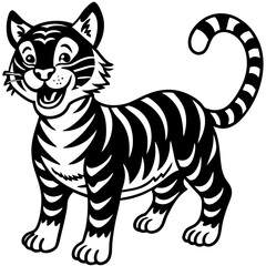 Obraz premium A black and white drawing of a happy tiger with a white tail