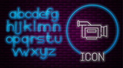 Glowing neon line Cinema camera icon isolated on brick wall background. Video camera. Movie sign. Film projector. Neon light alphabet. Vector