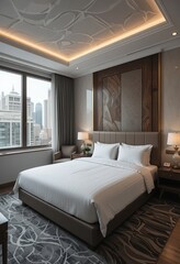 Elegant hotel bedroom featuring a comfortable bed, stylish decor, and a window view of the cityscape.