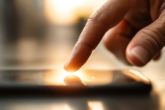 Close-up of finger touching mobile phone screen, pressing on glowing digital touchscreen. Concept of technology interaction and user interface