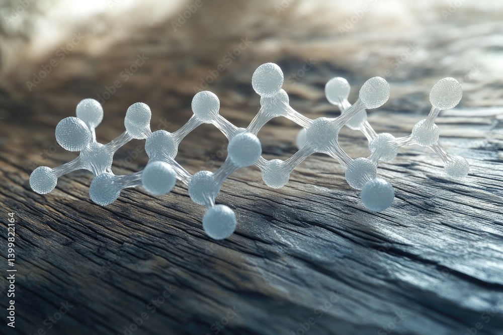Fototapete a detailed 3d rendering of a molecule structure resting on a rustic wooden surface.