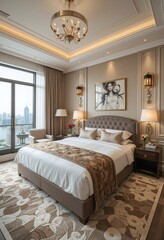 Elegant bedroom with stunning city view, blending comfort and style. A luxurious retreat designed for relaxation and sophistication.