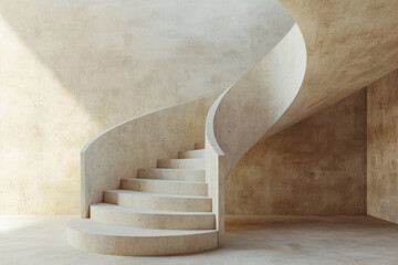 Minimalist interior with concrete spiral staircase. Architectural design with curved stairs and concrete walls